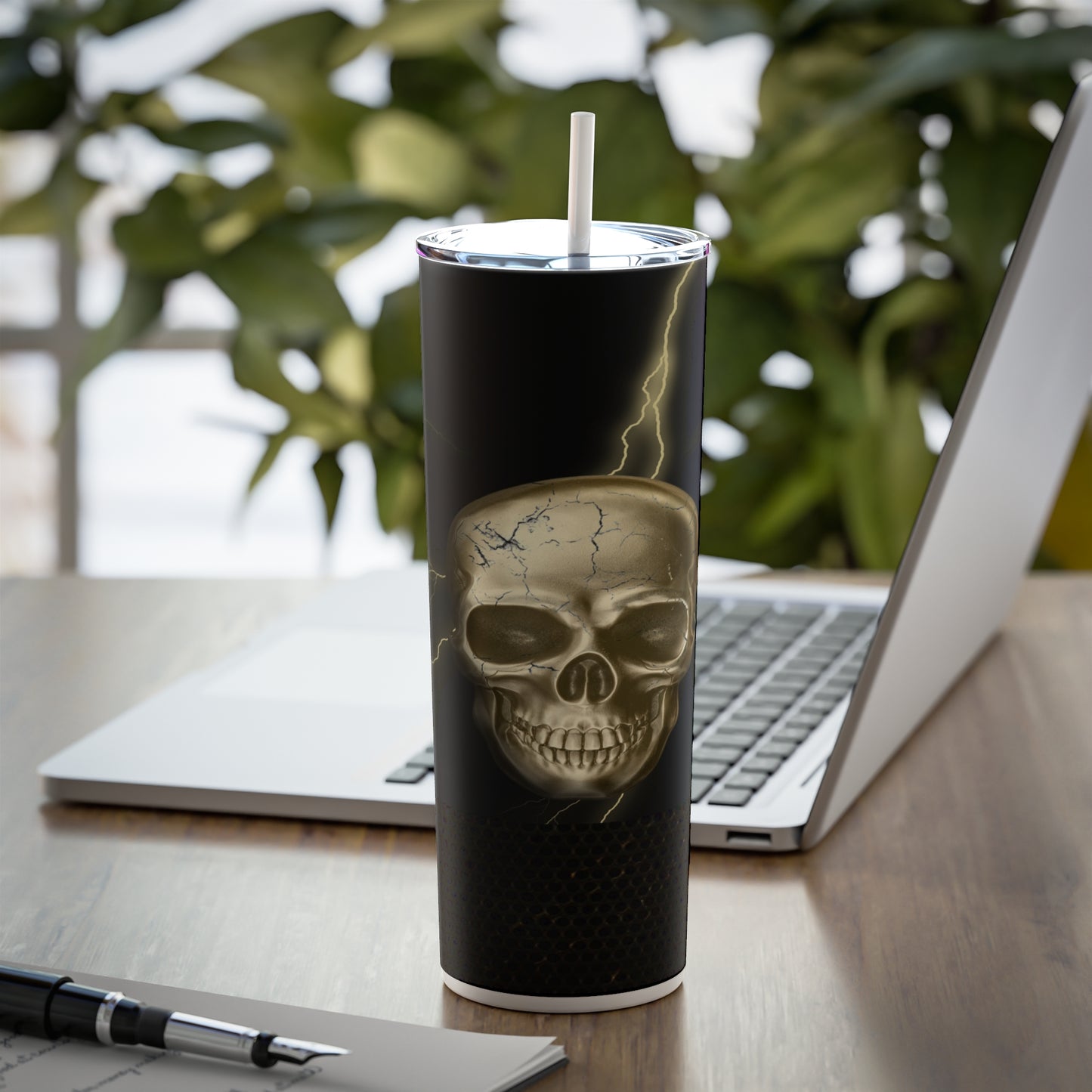 Golden Skull with Lightning Skinny Tumbler with Straw