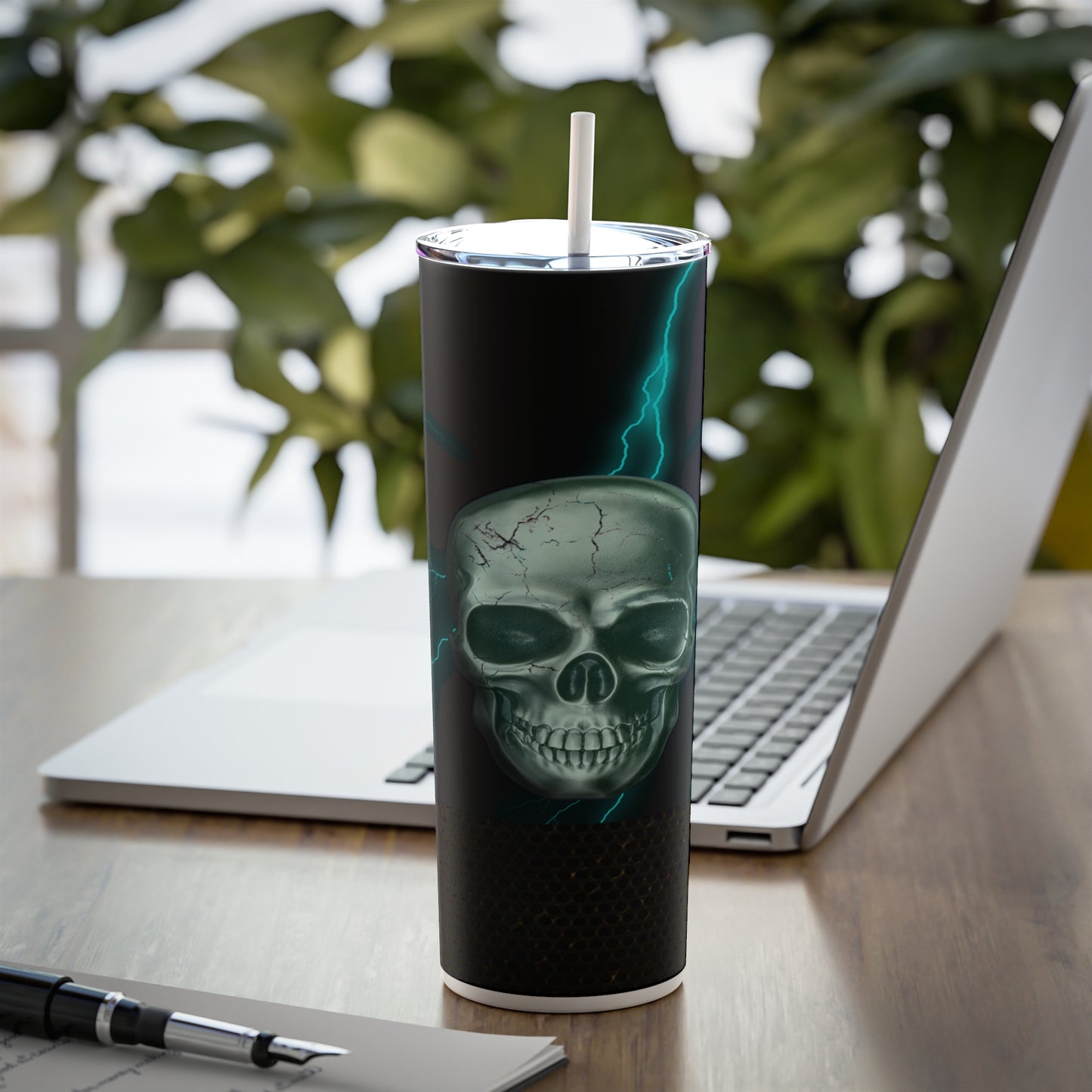 Teal Skull with Lightning Skinny Steel Tumbler with Straw