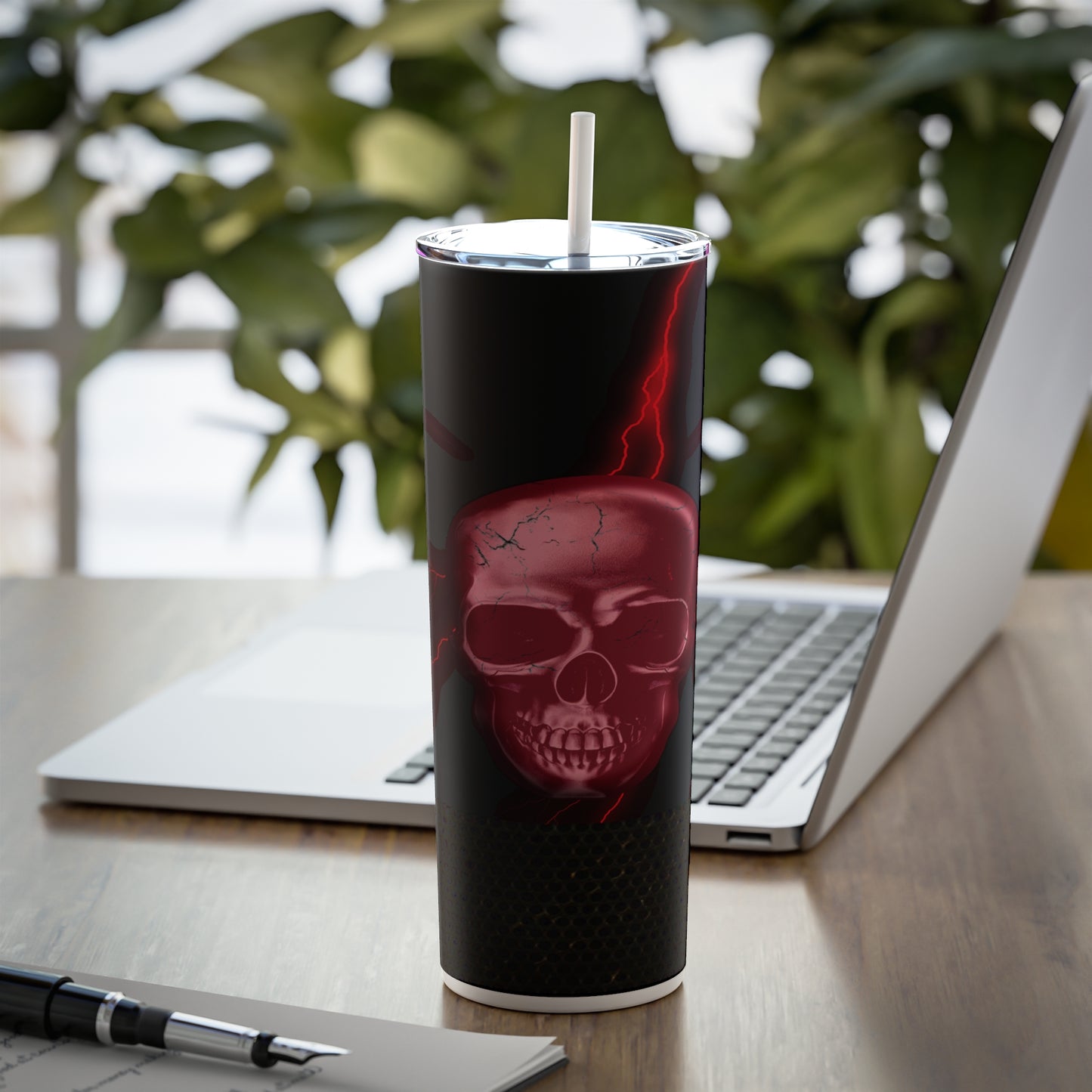 Red Skull with Lightning Skinny Steel Tumbler with Straw
