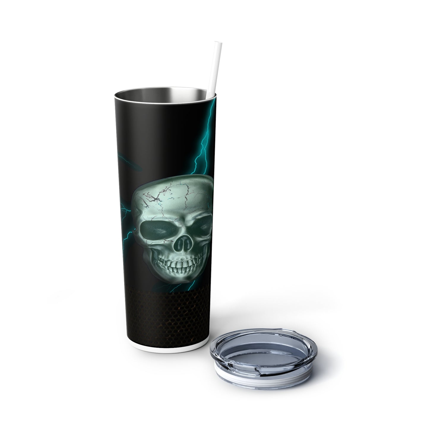 Teal Skull with Lightning Skinny Steel Tumbler with Straw