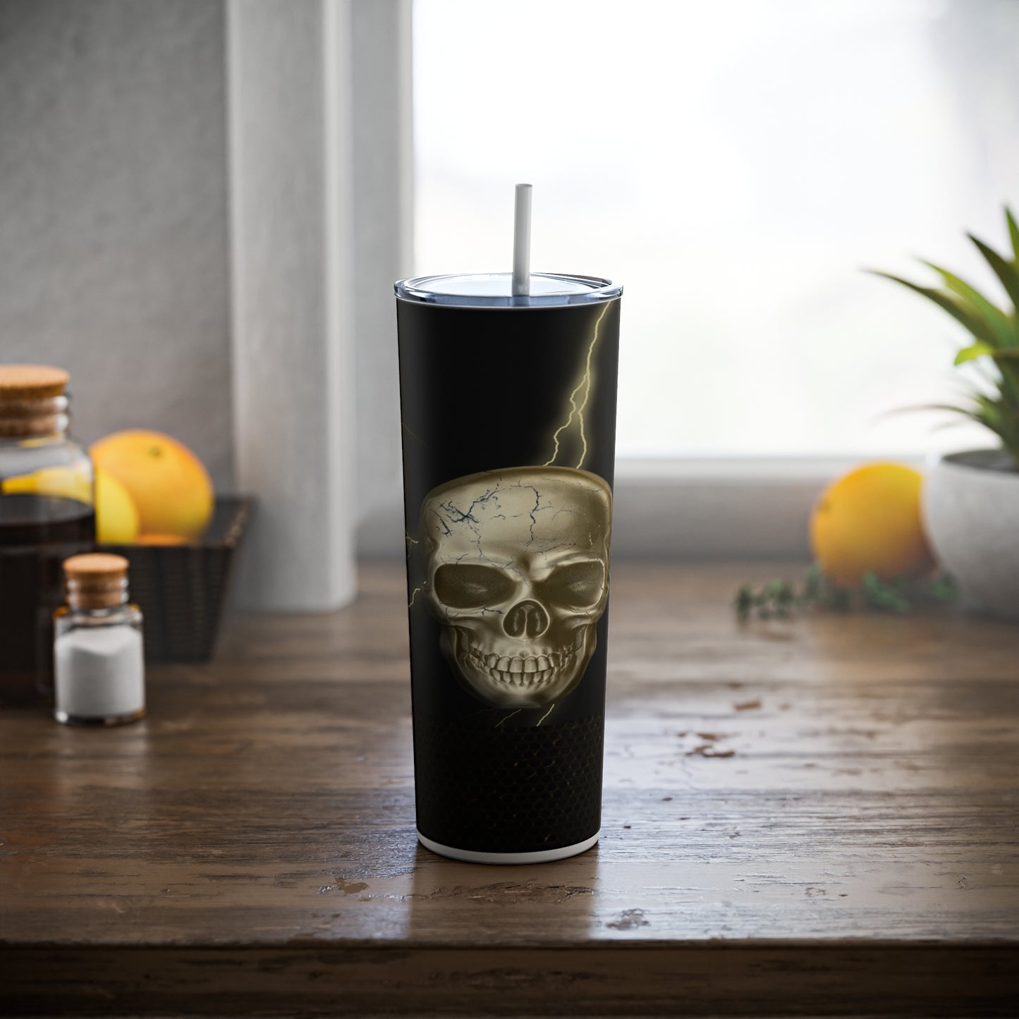 Golden Skull with Lightning Skinny Tumbler with Straw