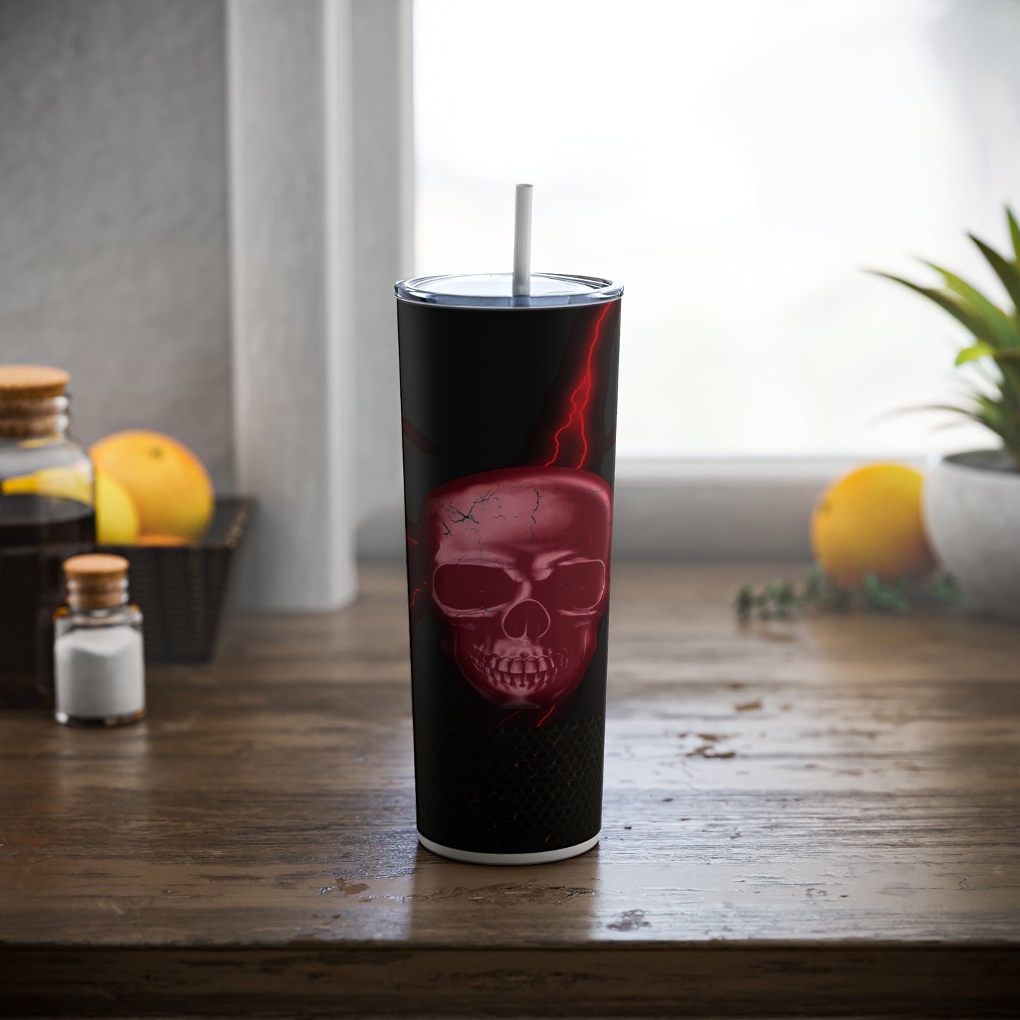 Red Skull with Lightning Skinny Steel Tumbler with Straw