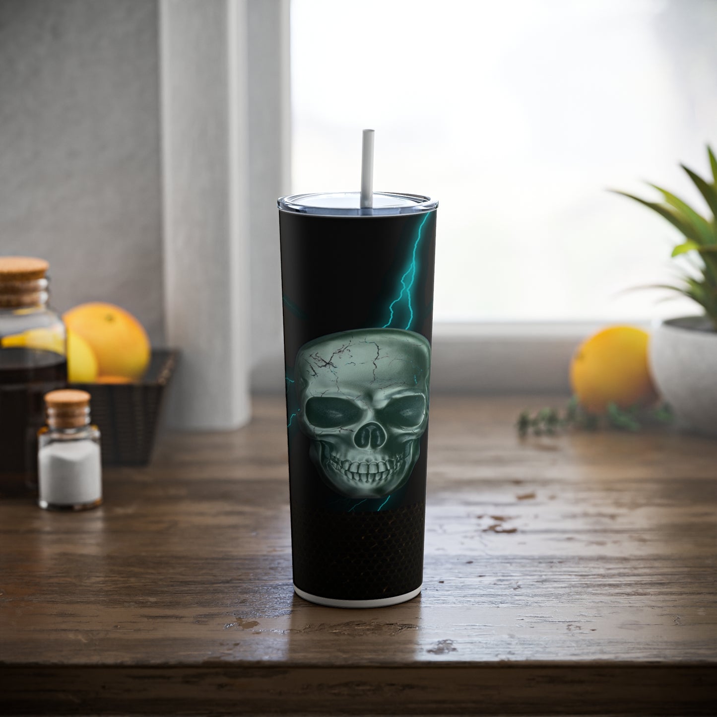 Teal Skull with Lightning Skinny Steel Tumbler with Straw