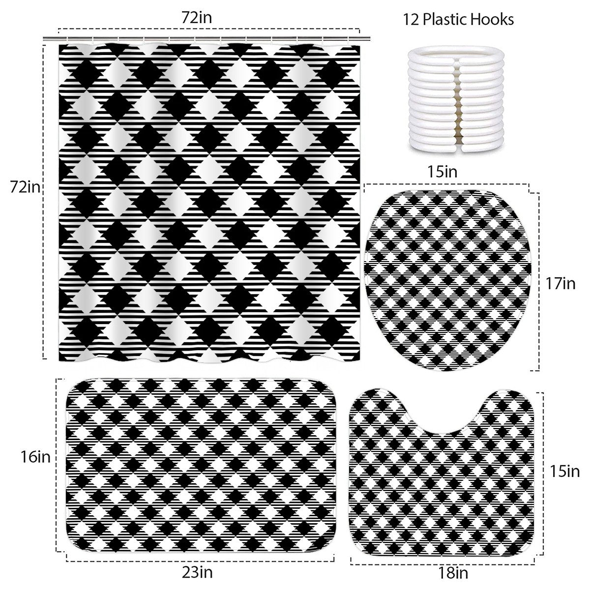 Bathroom Rugs Set with Shower Curtain 4 pcs