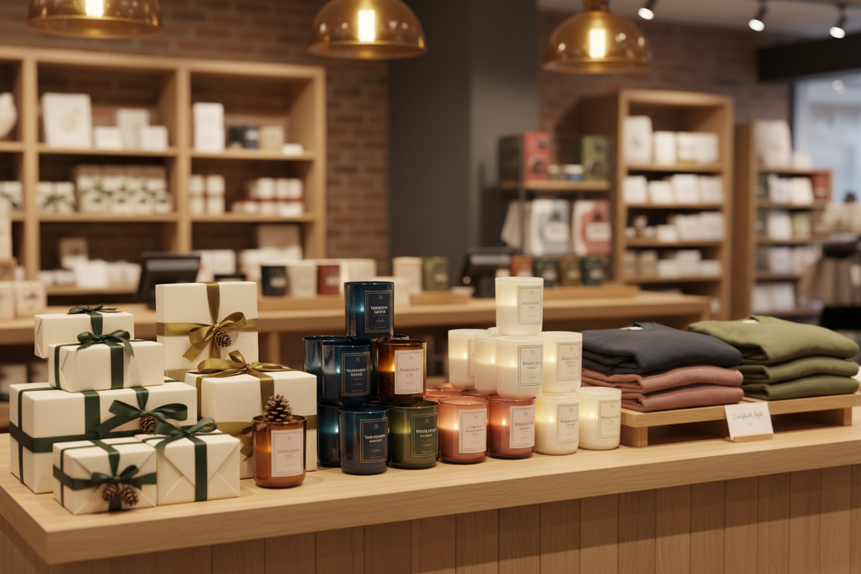 store counter with gifts candles folded tshirts